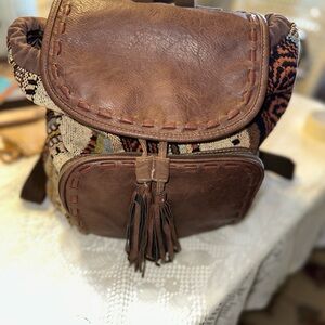 Boho Limited edition back pack purse leather/ Indian woven cotton 13x15